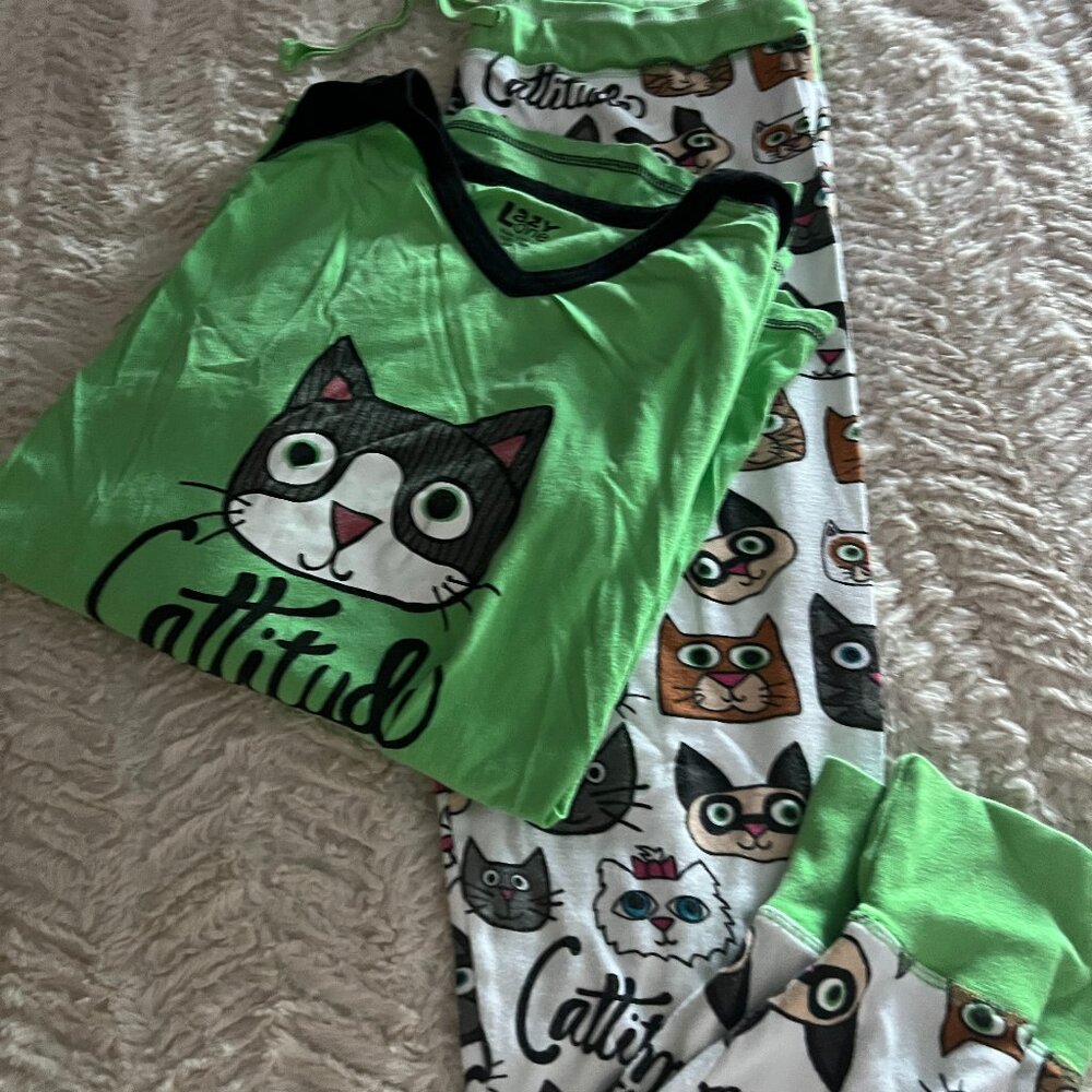 LAZY ONE CATTITUDE pajamas 2 piece 100% cotton Large